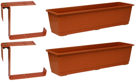Geli Set van 3 kunststof plantenbakken terracotta rechthoekig 60 cm met 6 verstelbare railing beugels