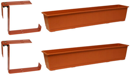Geli Set van 3 kunststof plantenbakken terracotta rechthoekig 80 cm met 6 verstelbare railing beugels