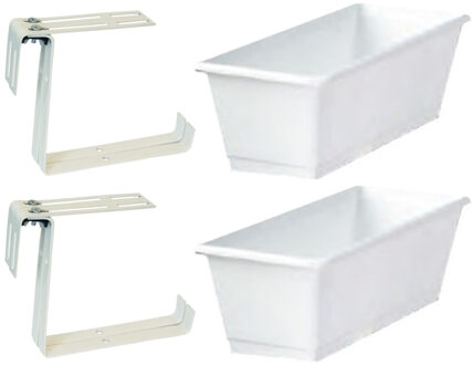 Geli Set van 3 kunststof plantenbakken wit rechthoekig 60 cm met 6 verstelbare railing beugels
