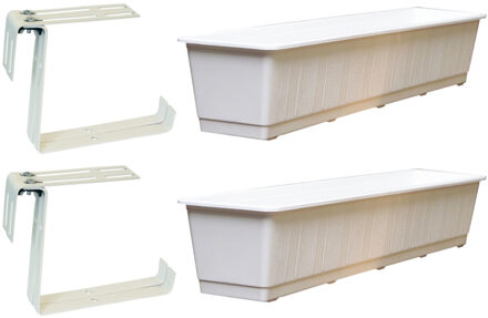Geli Set van 3 kunststof plantenbakken wit rechthoekig 80 cm met 6 verstelbare railing beugels