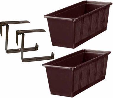 Geli Set van 4 kunststof plantenbakken bruin rechthoekig 40 cm met 8 verstelbare railing beugels