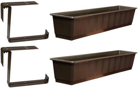 Geli Set van 4 kunststof plantenbakken bruin rechthoekig 80 cm met 8 verstelbare railing beugels