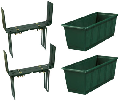 Geli Set van 4 kunststof plantenbakken donkergroen rechthoekig 40 cm met 8 verstelbare balkon/muurbeugels
