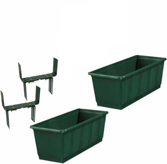 Geli Set van 4 kunststof plantenbakken donkergroen rechthoekig 60 cm met 8 verstelbare balkon/muurbeugels