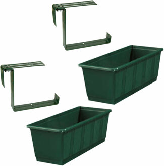 Geli Set van 4 kunststof plantenbakken donkergroen rechthoekig 60 cm met 8 verstelbare railing beugels