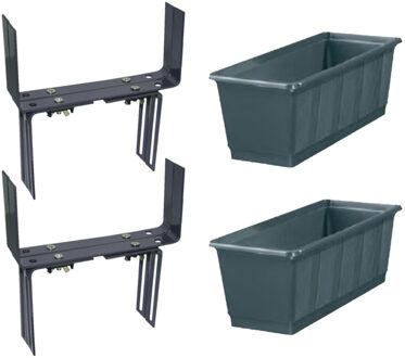 Geli Set van 4 kunststof plantenbakken grijs rechthoekig 40 cm met 8 verstelbare balkon/muurbeugels