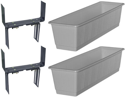 Geli Set van 4 kunststof plantenbakken grijs rechthoekig 60 cm met 8 verstelbare balkon/muurbeugels