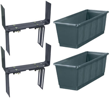 Geli Set van 4 kunststof plantenbakken grijs rechthoekig 60 cm met 8 verstelbare balkon/muurbeugels