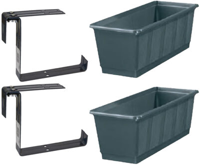 Geli Set van 4 kunststof plantenbakken grijs rechthoekig 60 cm met 8 verstelbare railing beugels