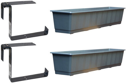Geli Set van 4 kunststof plantenbakken grijs rechthoekig 80 cm met 8 verstelbare railing beugels
