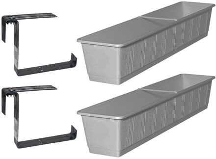 Geli Set van 4 kunststof plantenbakken grijs rechthoekig 80 cm met 8 verstelbare railing beugels