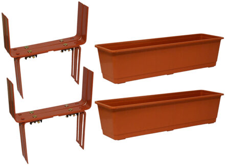 Geli Set van 4 kunststof plantenbakken terracotta rechthoekig 60 cm met 8 verstelbare balkon/muurbeugels