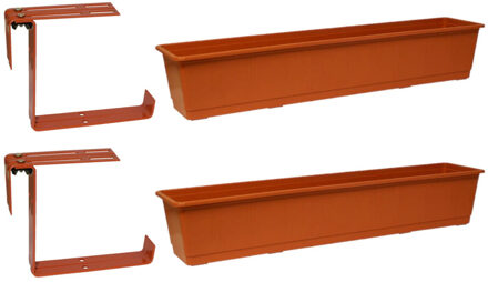Geli Set van 4 kunststof plantenbakken terracotta rechthoekig 80 cm met 8 verstelbare railing beugels