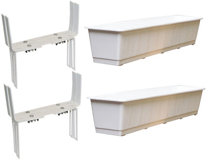 Geli Set van 4 kunststof plantenbakken wit rechthoekig 80 cm met 8 verstelbare balkon/muurbeugels