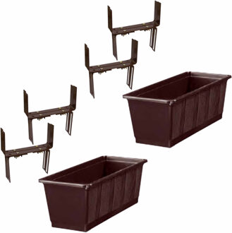 Geli Set van 5 kunststof plantenbakken bruin rechthoekig 40 cm met 10 verstelbare balkon/muurbeugels