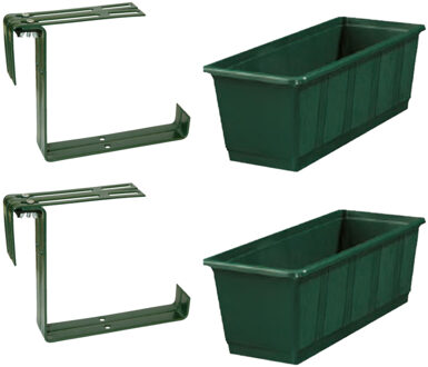 Geli Set van 5 kunststof plantenbakken donkergroen rechthoekig 40 cm met 10 verstelbare railing beugels