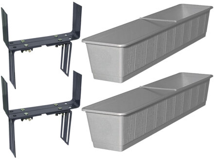 Geli Set van 5 kunststof plantenbakken grijs rechthoekig 80 cm met 10 verstelbare balkon/muurbeugels