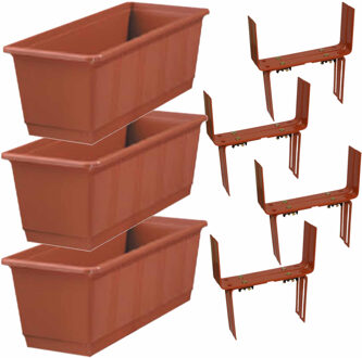 Geli Set van 5 kunststof plantenbakken terracotta rechthoekig 40 cm met 10 verstelbare railingbeugels