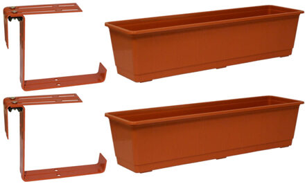 Geli Set van 5 kunststof plantenbakken terracotta rechthoekig 60 cm met 10 verstelbare railing beugels