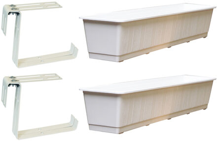 Geli Set van 5 kunststof plantenbakken wit rechthoekig 80 cm met 10 verstelbare railing beugels