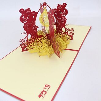 Gelukkig Nieuwjaar 3D Stereoscopische Hollow Rode Dubbele Pig Festival Zegen Verjaardag Wenskaarten Met Envelop Business Postkaart wit