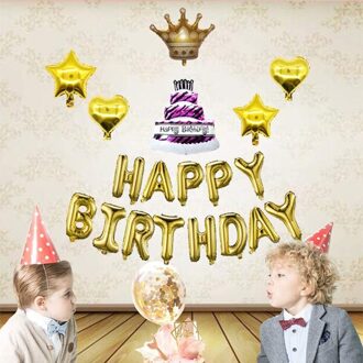 Gelukkige Verjaardag Ballonnen Banner Met 2Pcs Star Mylar Ballonnen 2 Stuks Hart Mylar Ballonnen 1Pcs Kroon Ballon 1 stuks Verjaardagstaart Bal Goud