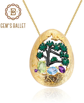 GEM'S BALLET 925 Silver Gold Plated Two Tone Handmade Enamel Craft Natural Mixed Gemstone Woman's Statement Pendant Necklace
