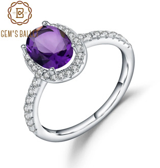 GEM'S BALLET 925 Sterling Silver 1.30Ct Oval Natural Amethyst Dazzling Halo Engagement Ring For Women Wedding Fine Jewelry