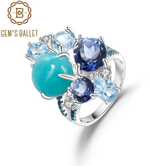 GEM'S BALLET 925 Sterling Silver Candy Geometric Rings Natural Amazonite Sky Blue Topaz Quartz Gemstone Ring for Women Jewelry
