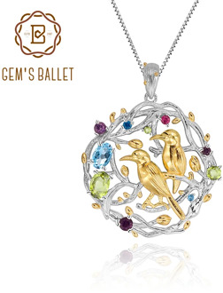 GEM'S BALLET 925 Sterling Silver Handmade Bird Flower Bud Busy Garden Natural Multicolor Gemstones Woman's Pendant Necklace