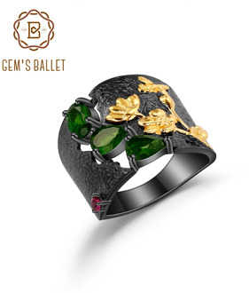 GEM'S BALLET 925 Sterling Silver Handmade Humming Bee Flower Floral Garden Band Ring Natural Chrome Diopside Rings For Women