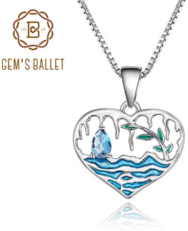 GEM'S BALLET Natural Swiss Blue Topaz Lake Willow Pendant Necklace 925 Sterling Silver Handmade Enamel Fine Jewelry for Women