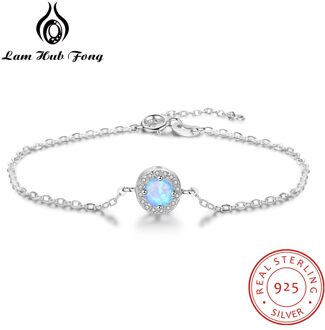 Gemaakt Ronde Blue Opal Stone Armbanden 925 Sterling Zilveren Ketting Armbanden Voor Vrouwen Zirconia Fijne Sieraden (Lam Hub fong)