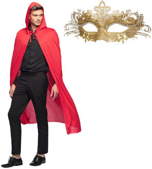 Gemaskerd bal/Halloween verkleedkleding - Met oogmasker in goud - Lange rode mantel met capuchon - One size