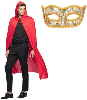 Gemaskerd bal/Halloween verkleedkleding - Met oogmasker in goud - Lange rode mantel met capuchon One size