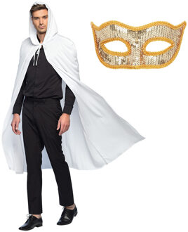 Gemaskerd bal/Halloween verkleedkleding - Met oogmasker in goud - Lange witte mantel met capuchon - One size