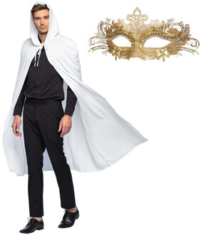 Gemaskerd bal/Halloween verkleedkleding - Met oogmasker in goud - Lange witte mantel met capuchon One size