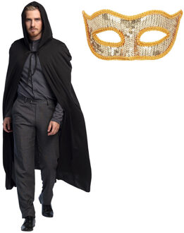 Gemaskerd bal/Halloween verkleedkleding - Met oogmasker in goud - Lange zwarte mantel met capuchon One size