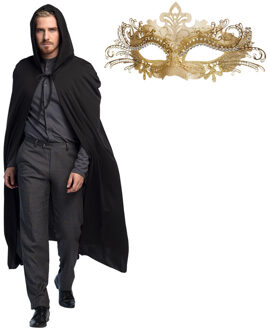 Gemaskerd bal/Halloween verkleedkleding - Met oogmasker in goud - Lange zwarte mantel met capuchon One size