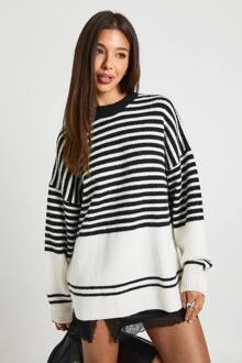 Gemengde Gestreepte Oversized Trui, Black - L