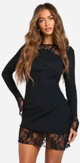 Gemengde Rib En Kanten Inzet Met Uitlopende Mouwen Mini-Jurk, Black - 36