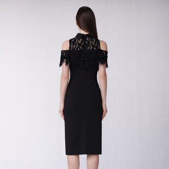 Gemonteerde jurk met blote schouders en kanten ruches Zwart - L