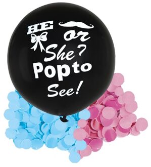 Gender reveal ballon he or she inclusief roze en blauwe confetti - Ballonnen Zwart