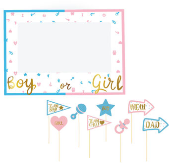 Gender reveal foto prop set met frame - 9-delig - jongen/meisje babyshower feest - photo booth