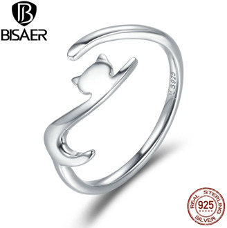 Genuine 100% 925 Sterling Silver Cat Ring Cute Animal Open Size Finger Rings for Women Sterling Silver Engagement Jewelry ECR220