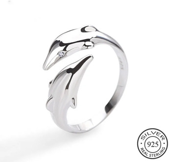 Genuine 925 Sterling Silver Smooth Surface Cute Animal Dolphin Adjustable Ring Fine Jewelry For Women Party Bijoux Gift