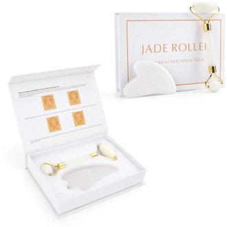 Genuine Jade Stone Massage Natural Quartz Scraper Jade Roller Gua sha Set White Face Lifting Facial Massager Tool for Back Neck