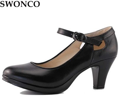 Genuine Leather 35-40size Black High-Heeled Square Heel Woman OL Shoes With Round Toe Thick Straps Pumps Sandals Shoes