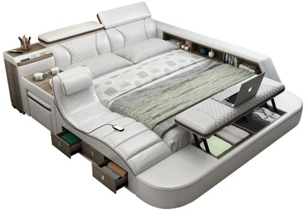 Genuine Leather multifunctional massage bed frame modern Nordic camas ultimate bed With storage LED light Bluetooth dresser safe