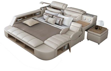 Genuine Leather multifunctional massage bed frame modern Nordic camas ultimate bed With storage LED light Bluetooth speaker safe